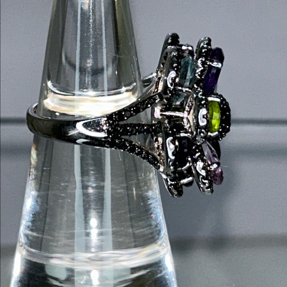 NWOT Multi Genuine Gemstone Sterling Silver Designer Floral Themed Ring Bohemian - Picture 3 of 7
